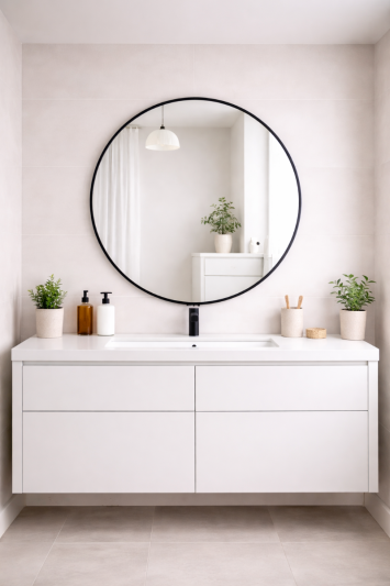 Round Metal Bathroom Mirror 90cm – Large Circular Wall Mounted Mirror – Modern Black Frame Vanity Mirror – Contemporary Bathroom, Toilet, Ensuite